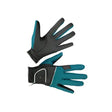 Black and teal woof wear vision riding glove with reintex reptile fingertips and snug wrist strap shown from back side