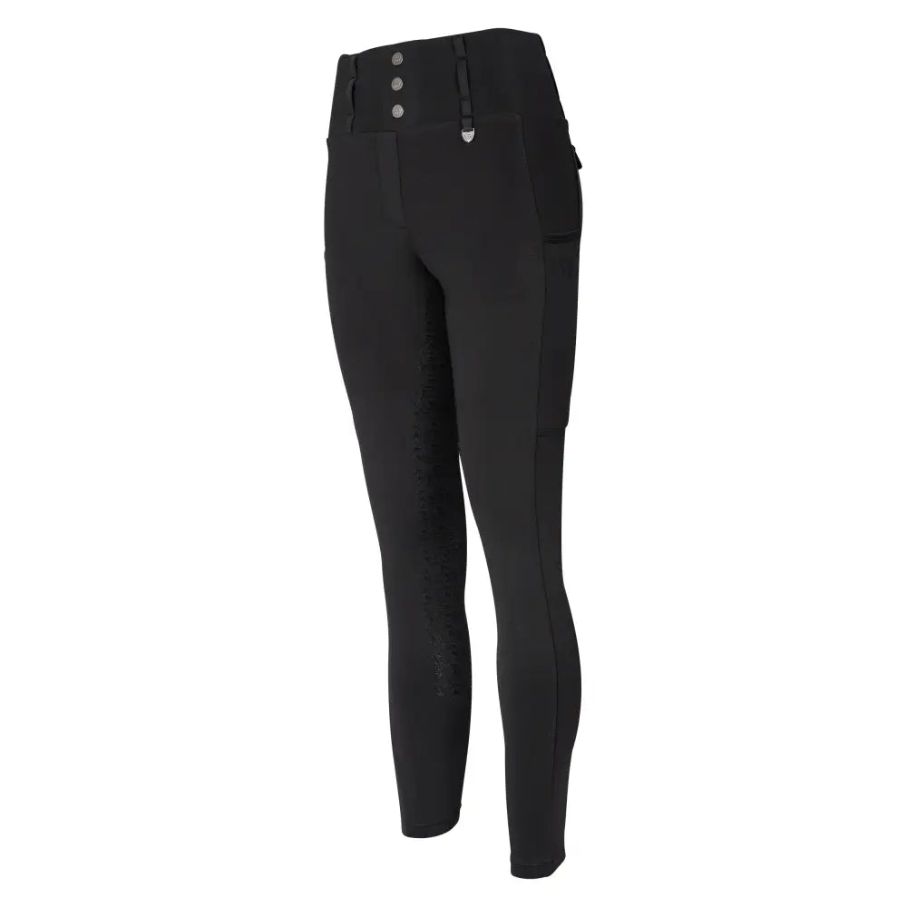 Black woof wear vision riding tights with high waist, three silver buttons, subtle side pockets, and micro-grip silicone