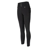 Black woof wear vision riding tights with high waist, three silver buttons, subtle side pockets, and micro-grip silicone