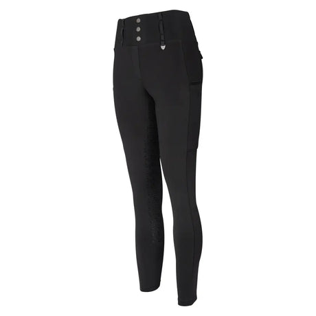 Black woof wear vision riding tights with high waist, three silver buttons, subtle side pockets, and micro-grip silicone