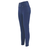 Navy blue woof wear vision riding tights with three silver buttons and subtle front pocket featuring micro-grip silicone
