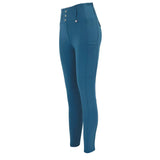Teal woof wear vision riding tights with high waist, button closure, subtle branding, and micro-grip silicone detail