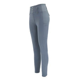 A pair of sleek light gray woof wear vision riding tights with high waist button closure and micro-grip silicone detailing