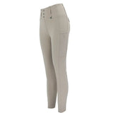 Cream-colored woof wear vision riding tights with high waist button closure and micro-grip silicone detail
