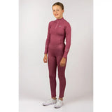 A maroon woof wear young rider tech shirt with a high neck zipper long sleeves made from iflex fabric