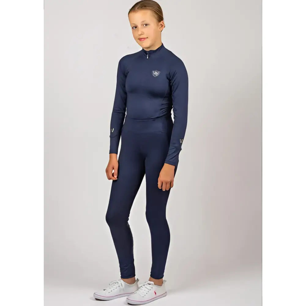 Navy blue woof wear young rider tech shirt with high collar and iflex fabric for performance comfort