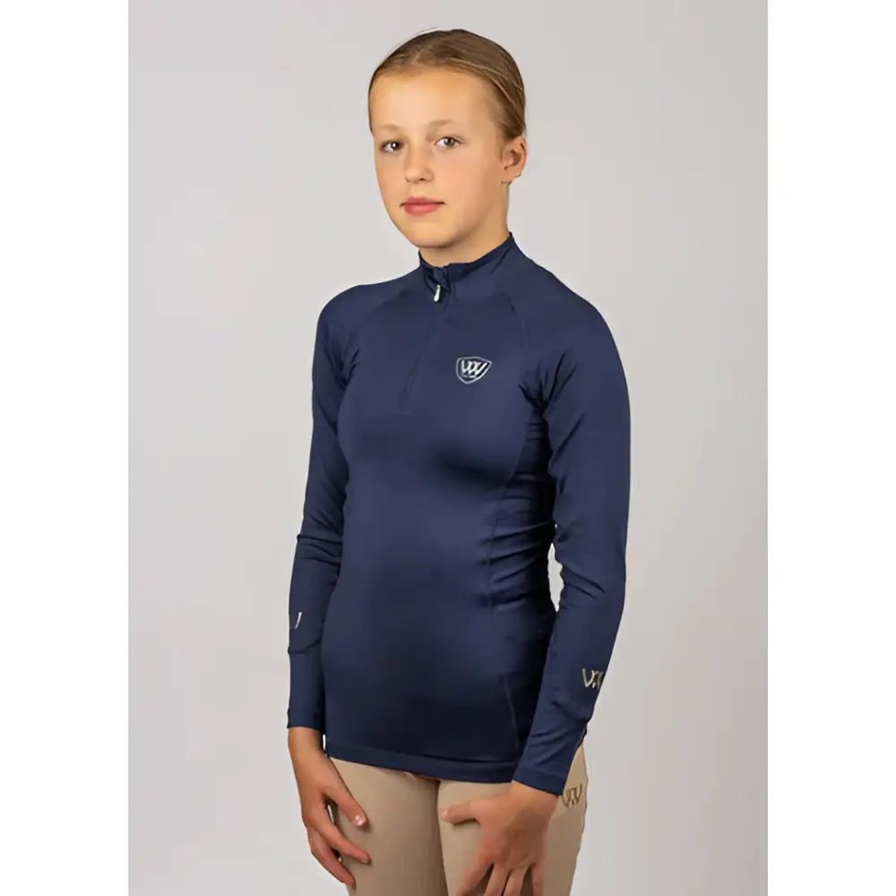 Navy blue woof wear young rider tech shirt with high collar and iflex fabric for performance and comfort