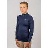 Navy blue woof wear young rider tech shirt with high collar and iflex fabric for performance and comfort