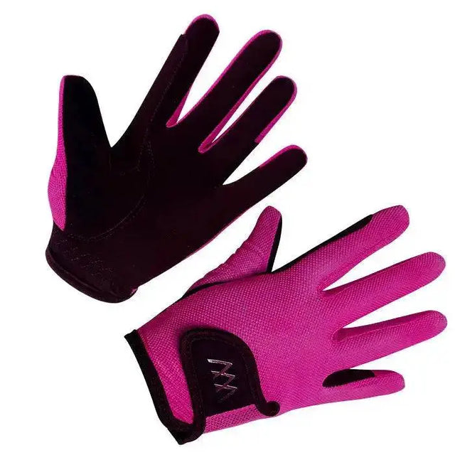 Bright pink and black woof wear young riders glove with textured fabric perfect riding glove for kids