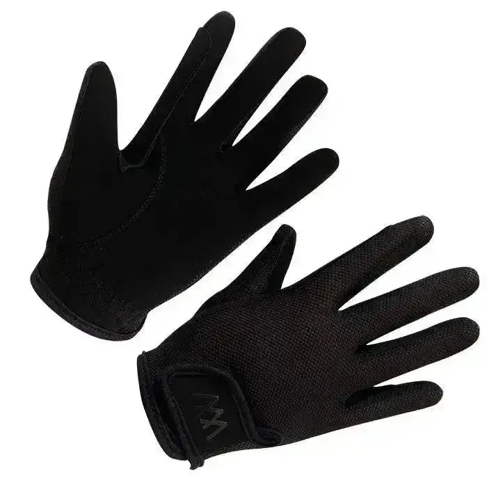 Black woof wear young riders glove with textured mesh fabric and reinforced stitching perfect riding glove back view