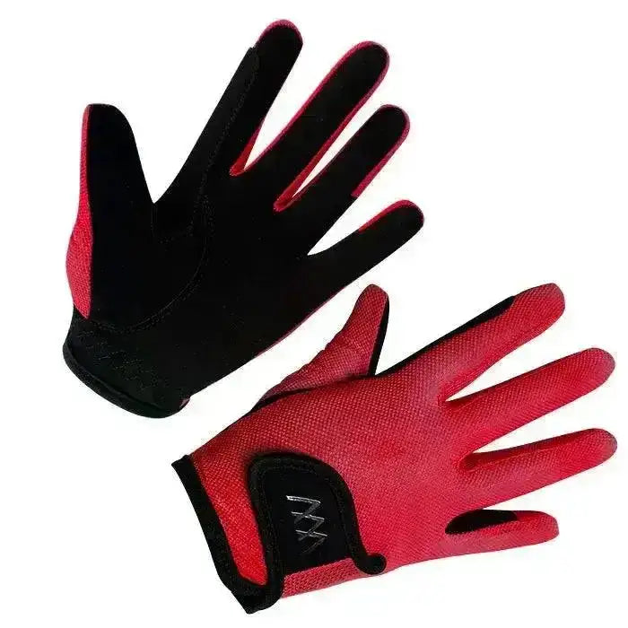 Back of red and black woof wear young riders glove with textured fabric perfect riding glove for kids