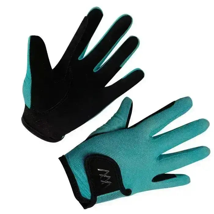 Teal and black woof wear young riders glove with breathable mesh and reinforced fingertips perfect riding glove back view