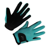 Teal and black woof wear young riders glove with breathable mesh and reinforced fingertips perfect riding glove back view