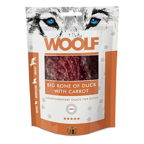 Orange and white woolf big bone dog treats pack featuring a wolf face with blue eyes big bone of duck with carrot