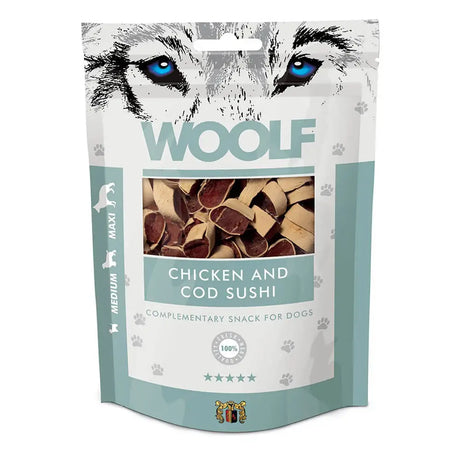 A teal and white resealable bag of woolf chicken and cod sushi dog treats with striking blue-eyed wolf eyes on front