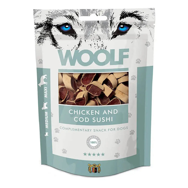 A teal and white resealable bag of woolf chicken and cod sushi dog treats with striking blue-eyed wolf eyes on front