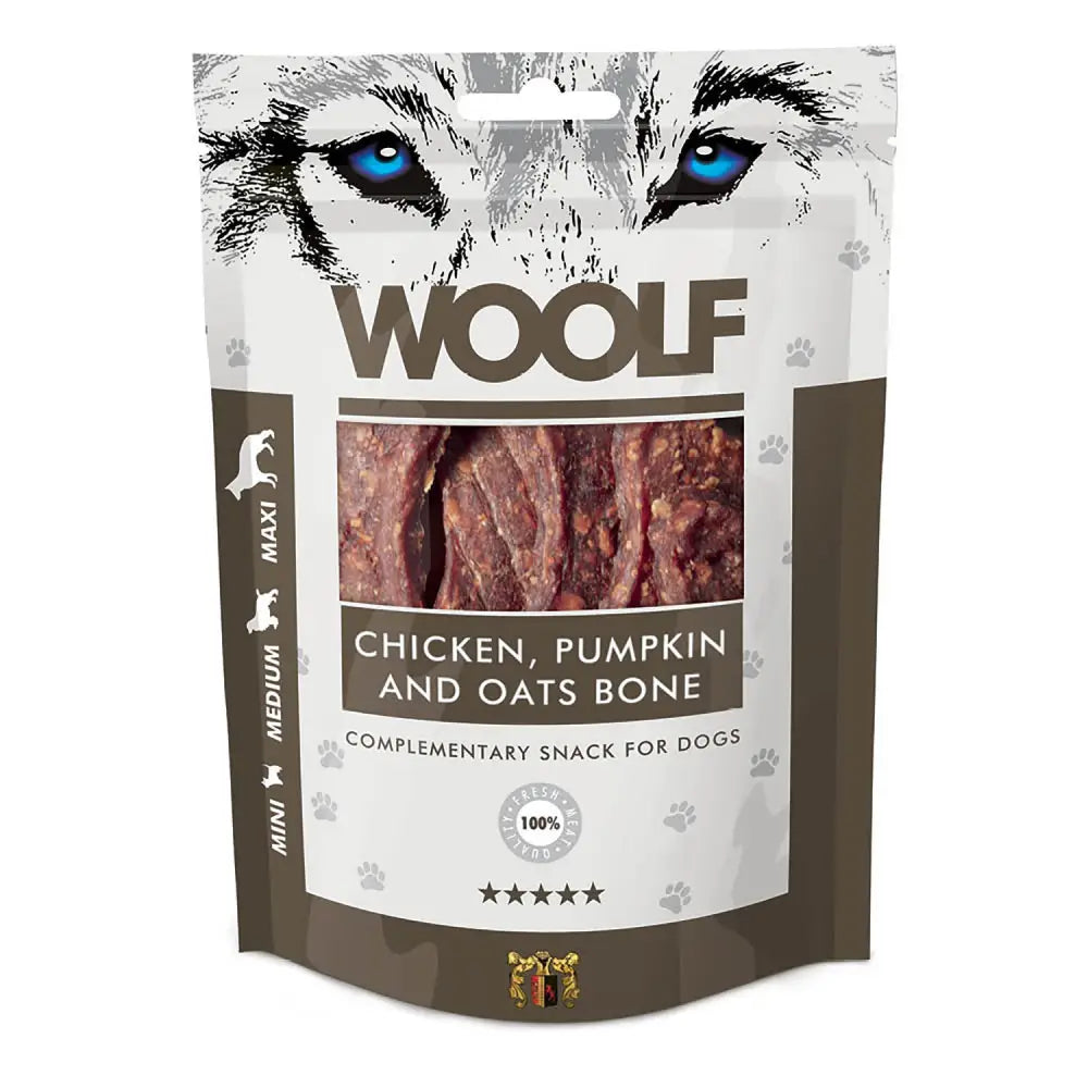 A package of woolf chicken pumpkin and oats bone dog treats featuring a bold wolf face design on the front