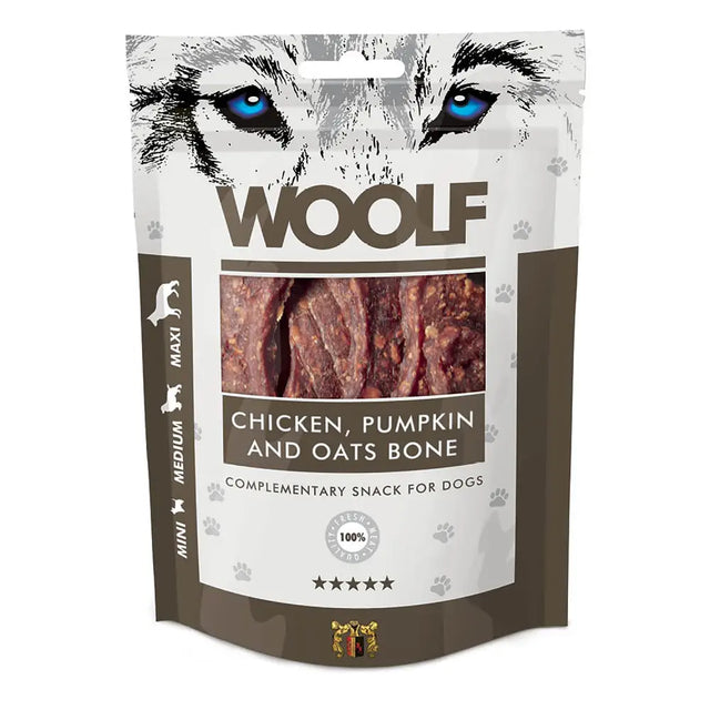 A package of woolf chicken pumpkin and oats bone dog treats featuring a bold wolf face design on the front
