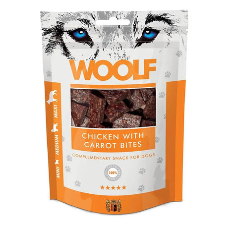 Orange and white woolf chicken with carrot bites dog treats pouch with blue-eyed wolf graphic on the front