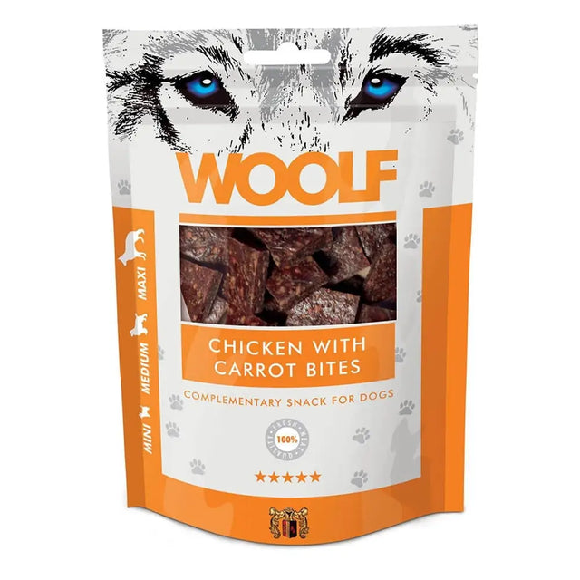 Orange and white woolf chicken with carrot bites dog treats pouch with blue-eyed wolf graphic on the front