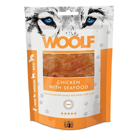 Orange and white pouch of Woolf chicken with seafood complementary snack dog treats for cats and equestrian pets