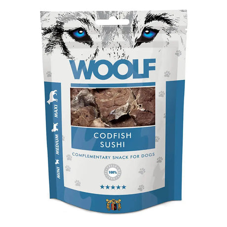 Blue and white packaged woolf codfish sushi dog treats with a wolf face design made from codfish sushi ingredients
