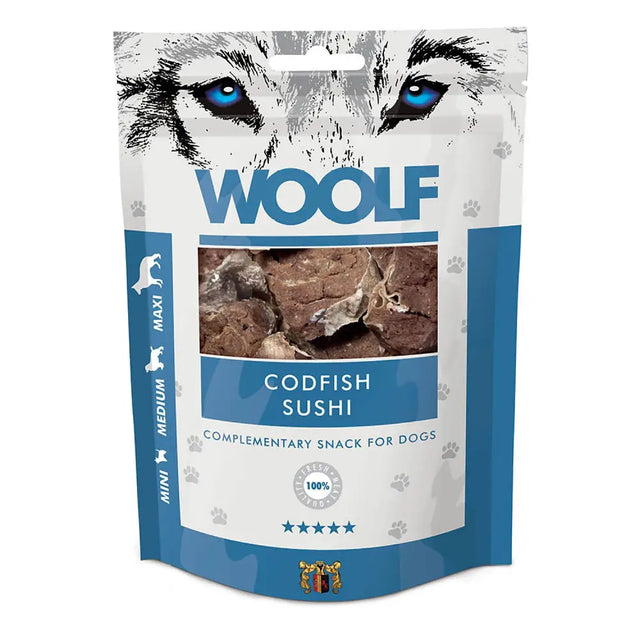 Blue and white packaged woolf codfish sushi dog treats with a wolf face design made from codfish sushi ingredients