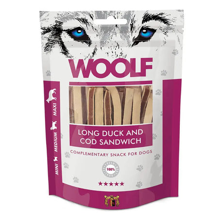 Pink and white resealable bag of woolf long duck and cod sandwich dog treats with blue-eyed wolf eyes graphic