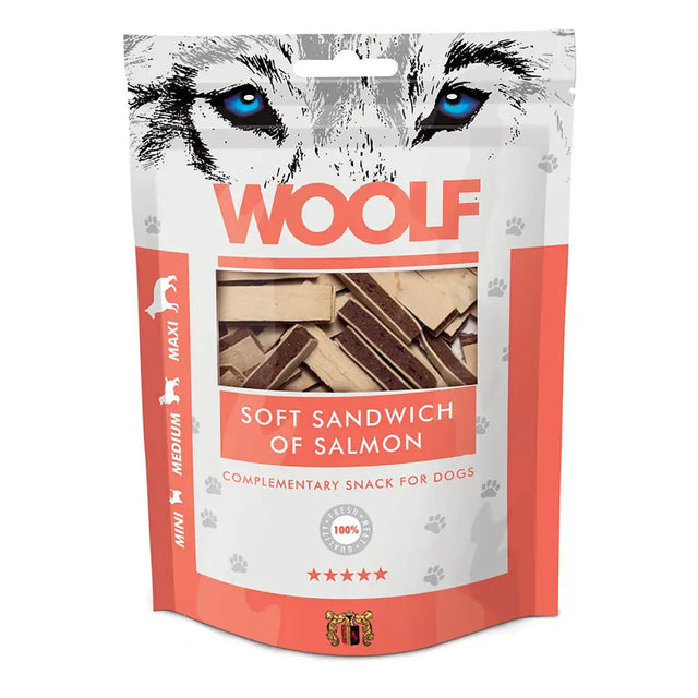 A bag of woolf soft sandwich salmon dog treats with blue eyes wolf graphic and brown rectangular snacks