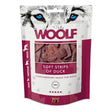 A maroon and white resealable pouch of woolf soft strips of duck with striking blue-eyed wolf eyes graphic on front