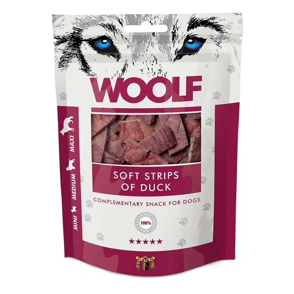 A maroon and white resealable pouch of woolf soft strips of duck with striking blue-eyed wolf eyes graphic on front