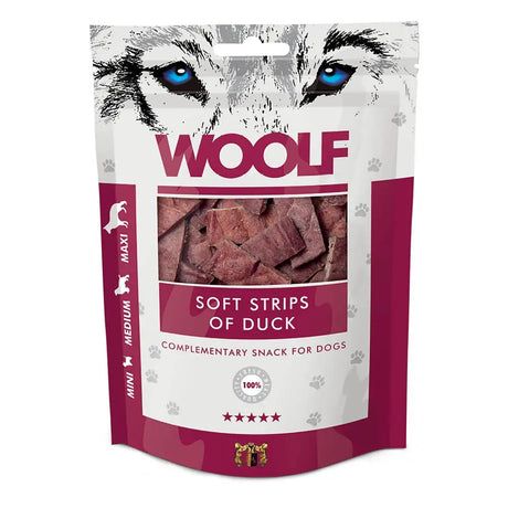 A maroon and white resealable pouch of woolf soft strips of duck with striking blue-eyed wolf eyes graphic on front