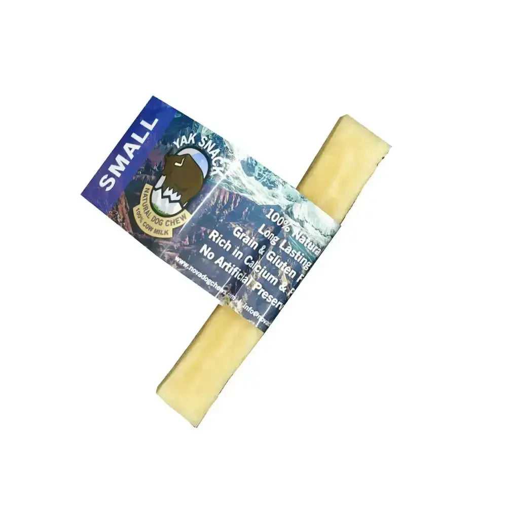 A pale yellow rectangular yak chew wrapped in blue and white labeled small yak snack for horses and equestrian use