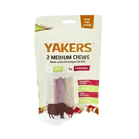 Yakers apple and strawberry medium yak milk dog treats package with two strawberry medium yak chews visible