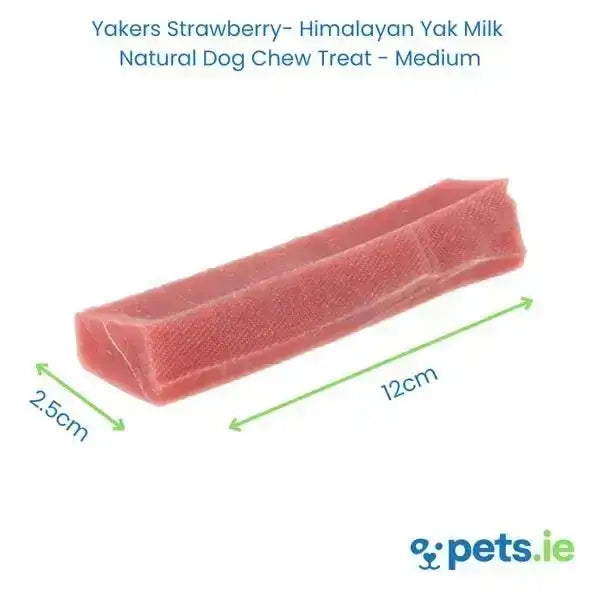 Medium rectangular dog chew treat with pinkish-red hue made from natural yak milk dog treats apple and strawberry flavor
