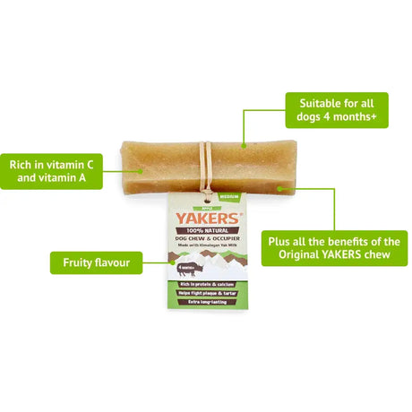 A medium tan yakers dog chew stick made with himalayan yak milk featuring award-winning apple flavour