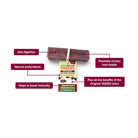 A dark reddish-brown rectangular yakers dog chew cranberry with a hanging tag showing 100% natural dog chew and mountains