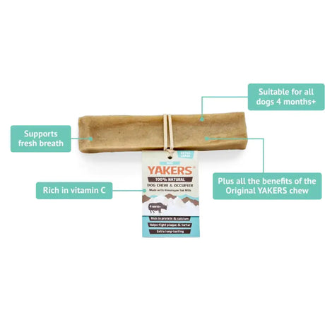 Tan rectangular yakers dog chew made from 100 percent natural ingredients in award-winning mint flavour dog chew mint