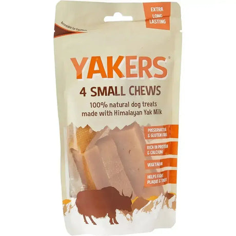 Yakers dog chew original small 4pk pack with four pale pinkish-brown natural dog chews made from himalayan yak milk