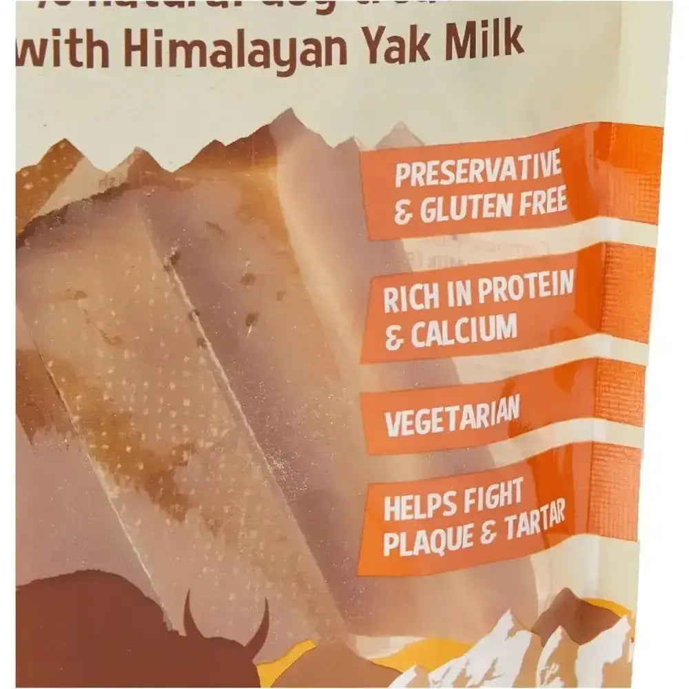 A package of yakers dog chew original small 4pk with protein bars made from himalayan yak milk in brown and orange label