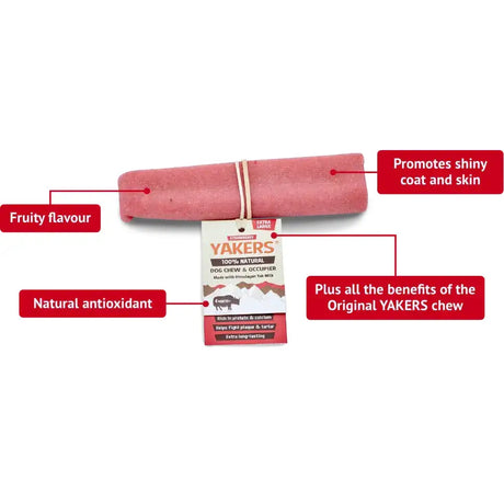 Pink rolled yak leather dog chew with natural antioxidant flavor and award-winning strawberry taste by yakers dog chew