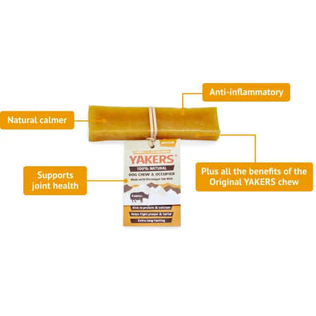 Yellow rectangular yakers dog chew made with himalayan yak milk featuring award-winning turmeric flavour