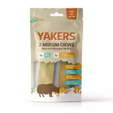 Yakers mint flavour tumeric yak milk dog treats with two medium light beige chews made from himalayan yak milk