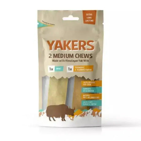 Yakers mint flavour tumeric yak milk dog treats with two medium light beige chews made from himalayan yak milk