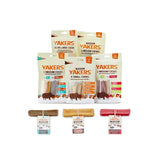 Yakers mint flavour and tumeric yak milk dog treats in white bags with colorful labels in assorted sizes and flavors