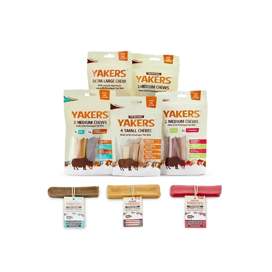 Yakers original dog treats featuring yak milk chews in clear bags with colorful labels in assorted sizes and flavors