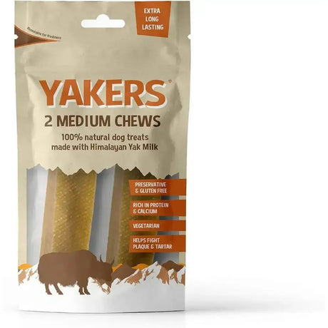 Yakers original dog treats package with two medium natural chews made from yak milk for dogs
