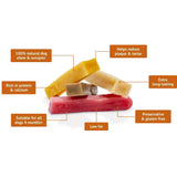 A stack of colorful firm yakers original dog treats in yellow beige and red made from yak milk for chewing fun