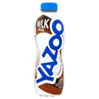 A white plastic yazoo milk drink bottle with blue cap and chocolate milk label in brown and white colors