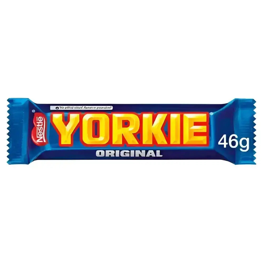 A blue-wrapped nestlé yorkie original chocolate bar 46g perfect for your tuck shop candy and chocolate stash